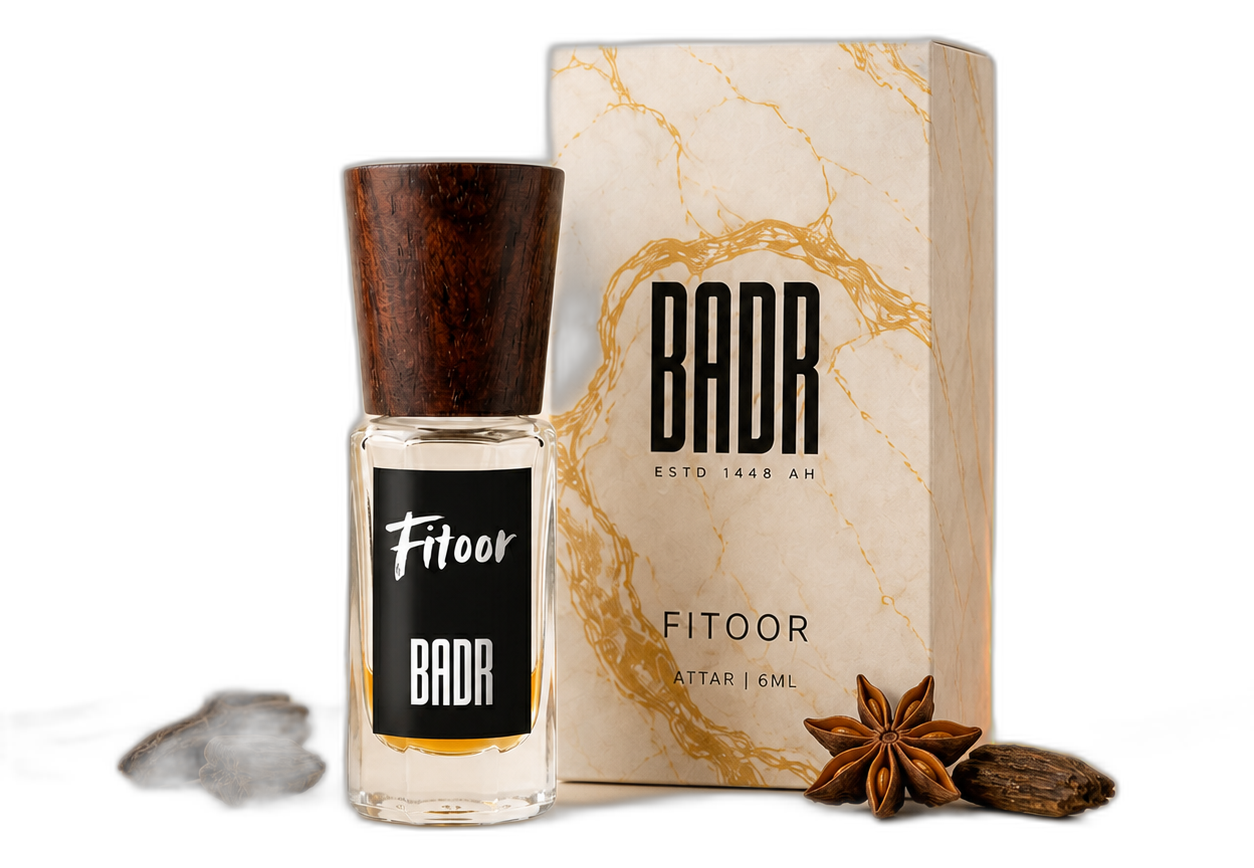 FITOOR attar bottle, official box and scent ingredients
