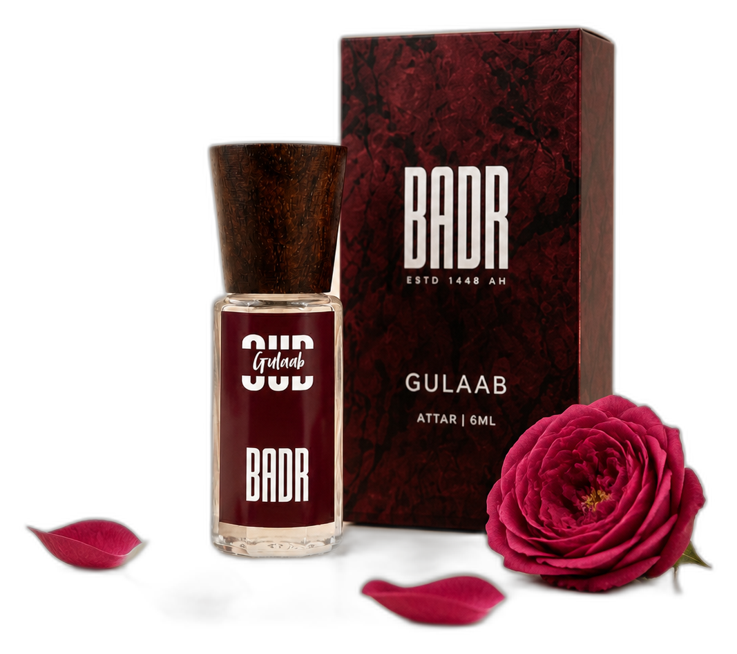 GULAAB attar bottle, official box and scent ingredients