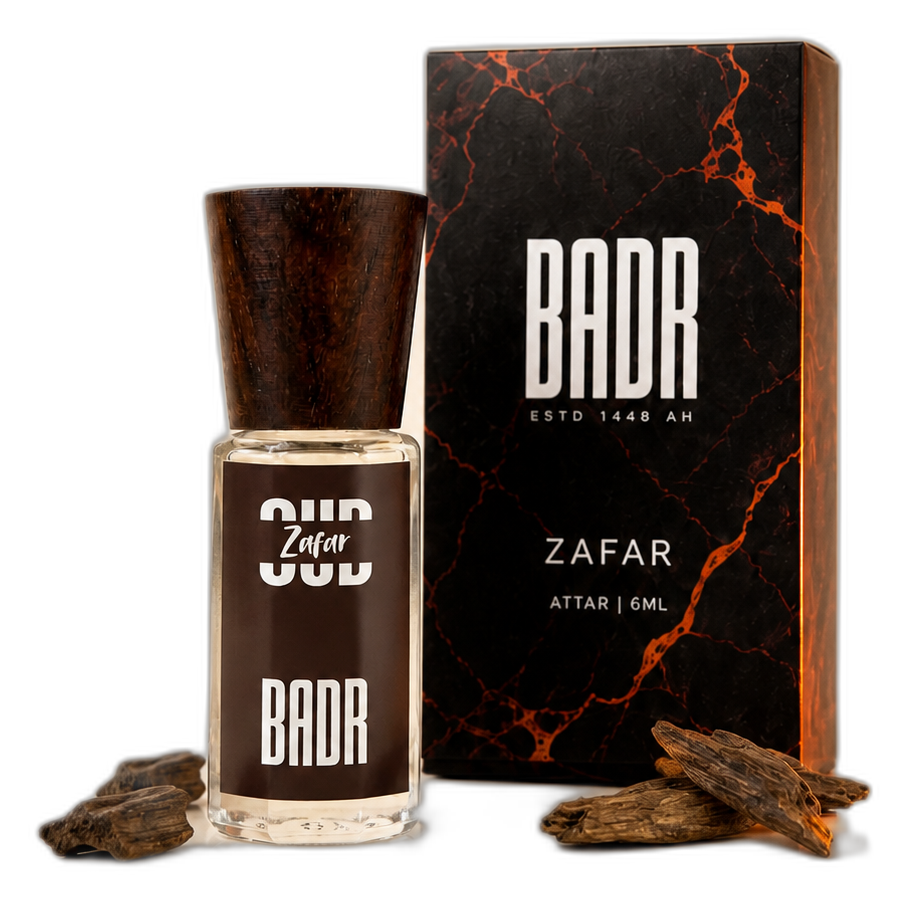 OUD ZAFAR attar bottle, official box and scent ingredients