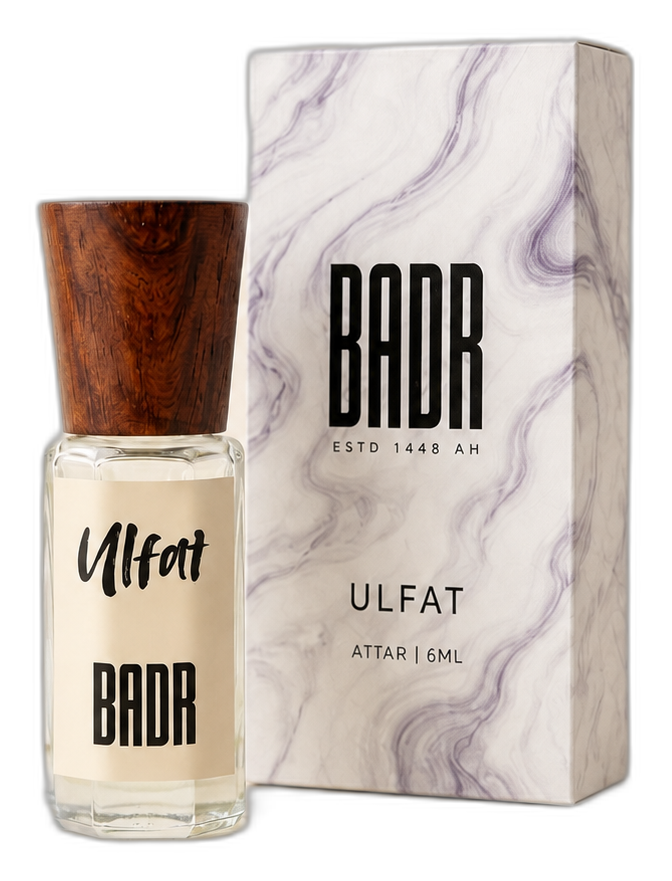ULFAT attar bottle, official box and scent ingredients